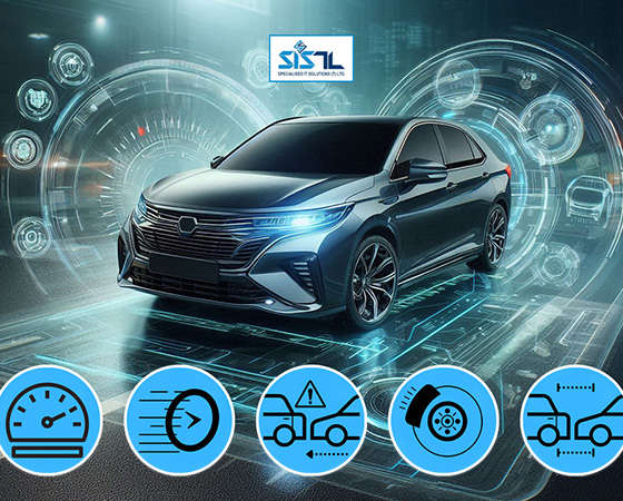 Specialised IT Solutions Ltd. Dar es Salaam, Tanzania. A cover image for a blog entitled: The Features of Advanced Driver Assistance Systems. An image of a black techy car with icons of ADAS features.