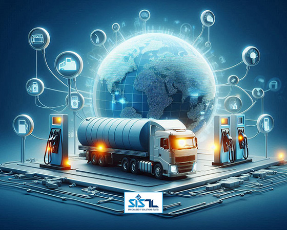 Specialised IT Solutions Ltd. Dar es Salaam, Tanzania. A cover image for the blog entitled: Fuel Management: The Backbone of Efficient Transportation. An image of a fuel tanker with a fuel station and a globe on top connecting to circuits of data.